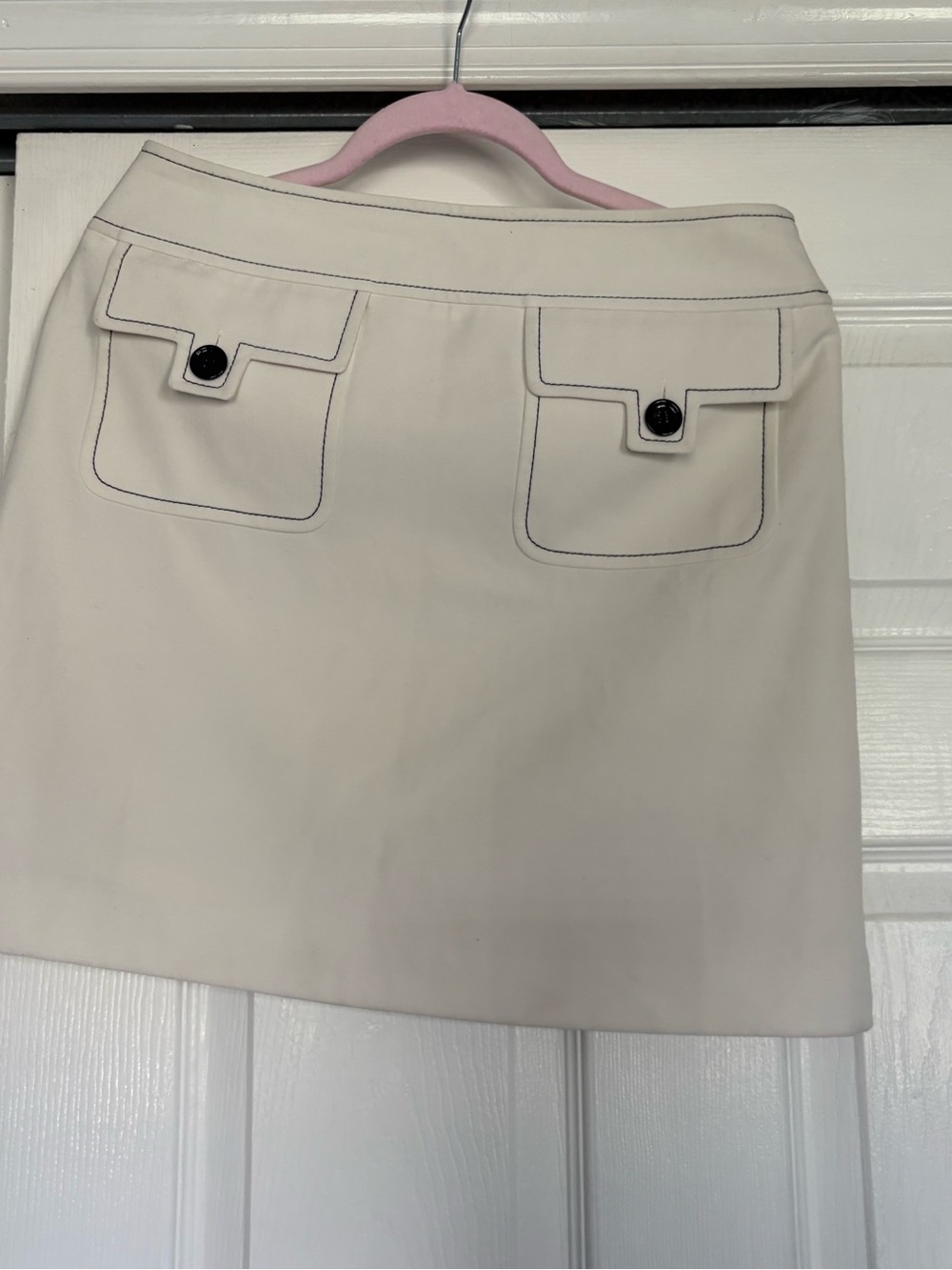 LOFT Cream Mini Skirt with Black Button-Trimmed Pockets